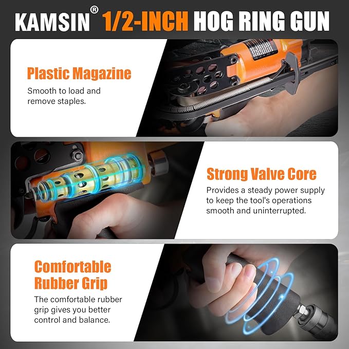K-SC760 16 Gauge Pneumatic Hog Ring Gun with 1000PCS Hog Ring Staples, 1/2-Inch Crown, 3.0-4.8mm Closure Diameter Hog Ring Pliers C Ring Gun for Mattress, Fencing, Wire Cages