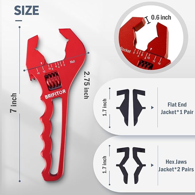 BRIFITOR Non Marring AN Fittings Wrench Adjustable Aluminum AN Wrench For 3AN-16AN Hose End Fittings With Replaceable Hex Type & Flat Type Jaw Protectors, Red.