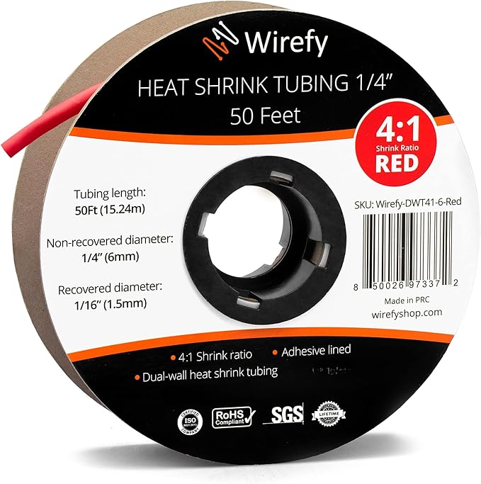 Wirefy 1/4" Heat Shrink Tubing - 4:1 Ratio - Adhesive Lined - Resistant Heat Shrink - 50 Feet Roll - Red