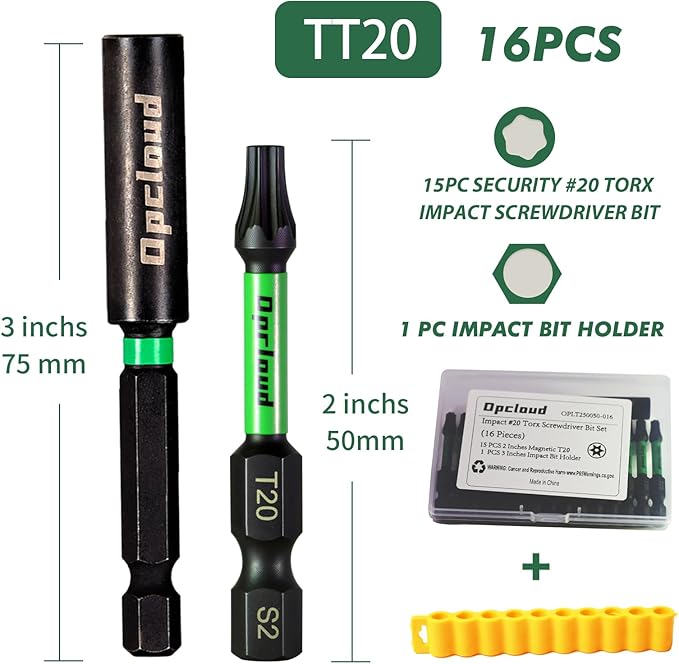 T20 Impact Screwdriver Bit Set, 16 Pieces 2?쒾2 Steel Magnetic #20 Torx Tips Driver Power Bit Set with Extension Impact Bit Holder