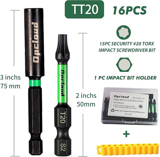 T20 Impact Screwdriver Bit Set, 16 Pieces 2?쒾2 Steel Magnetic #20 Torx Tips Driver Power Bit Set with Extension Impact Bit Holder