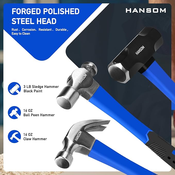 5-Pack Hammer Set,Rubber Mallet 32oz, Double-Faced Mallet 22oz,16oz Claw Hammer,16oz Ball Peen Hammer,3lb Sledge Hammer,Ergonomic Handle