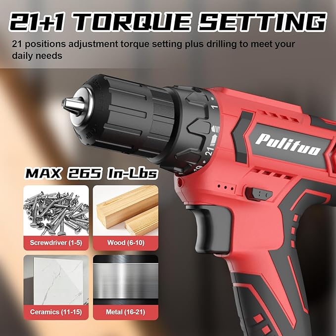 PULITUO Cordless Drill Set, 20V Electric Power Drill with Battery And Charger, 30N.m and 21+1 Torque, 2 Variable Speeds, with 59pcs Drill Driver Bits Kit, Screws Set竊?Red)