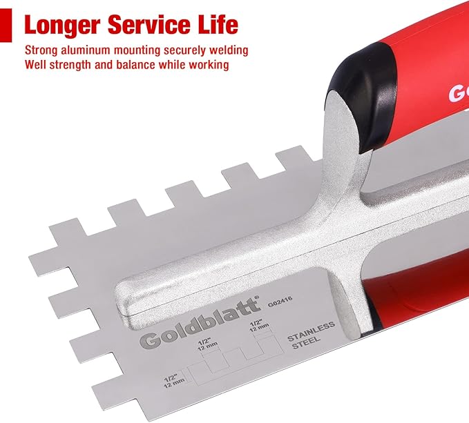 Goldblatt 1/2" Square Notch Trowel, Made of Premium Stainless Steel with Soft Grip Handle, Perfect Tool for Cement, Concrete, Masonry Tile Installation Work