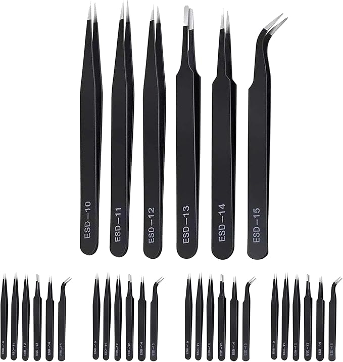 30Pcs（5set） ESD Tweezers Set Precision Tweezers Set ，Anti-Static Stainless with Storage Canvas Bag，for Craft,Electronics Repair,jewelry repair,Laboratory Work Etc