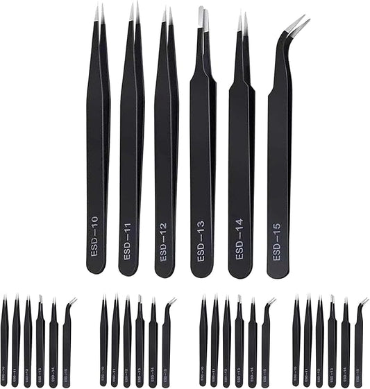 30Pcs（5set） ESD Tweezers Set Precision Tweezers Set ，Anti-Static Stainless with Storage Canvas Bag，for Craft,Electronics Repair,jewelry repair,Laboratory Work Etc