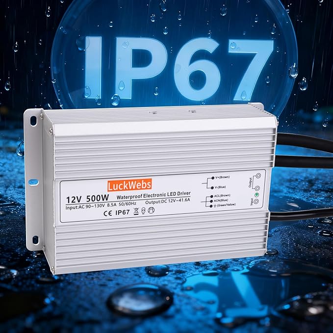 LED Driver 12V500W Waterproof Power Supply AC 90-130V to DC 12V41.6A Low-Voltage IP67 Switching Power Supply LED Strip Outdoor Light Box Waterproof Transformer