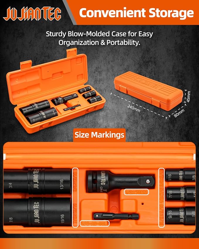 Lug Nut Impact Socket Set, Impact Driver Flip Socket, Five Sockets with 1/4-Inch Hex and 1/2-Inch Square Socket Adapters, Premium chrome vanadium Alloy Steel, with Molded Case
