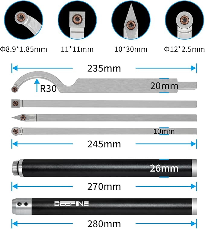 Carbide Tip Wood Lathe Turning Tool set With Bowl Sander, Lathe Roughing and Finishing Hollowing Tool Interchangeable Aluminum Alloy Handle with 4pcs Carbide Inserts For Woodturning（Black）
