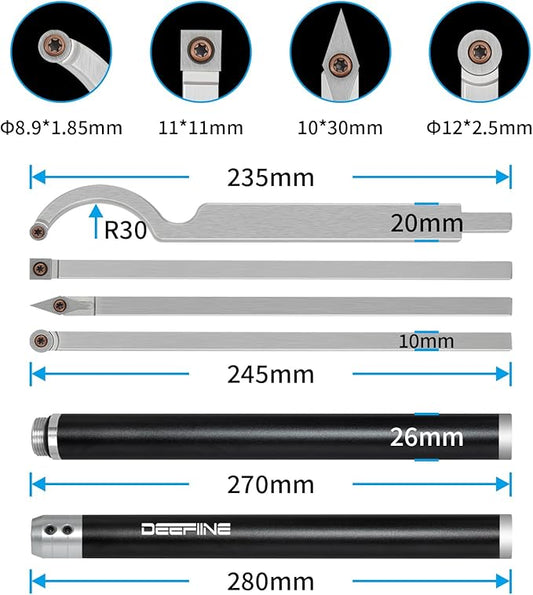 Carbide Tip Wood Lathe Turning Tool set With Bowl Sander, Lathe Roughing and Finishing Hollowing Tool Interchangeable Aluminum Alloy Handle with 4pcs Carbide Inserts For Woodturning（Black）
