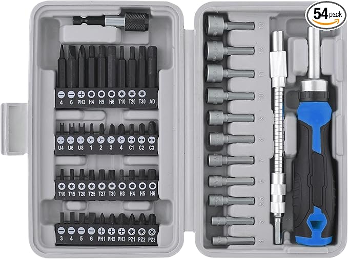 Apollo Tools 54-Piece Screwdriver & Nut Driver Bit Set ??Ratcheting Handle, Flexible Extension, Metric Nut Drivers, Specialty Bits for Household, Automotive, & Appliance Repairs, Blue/Gray DT9025
