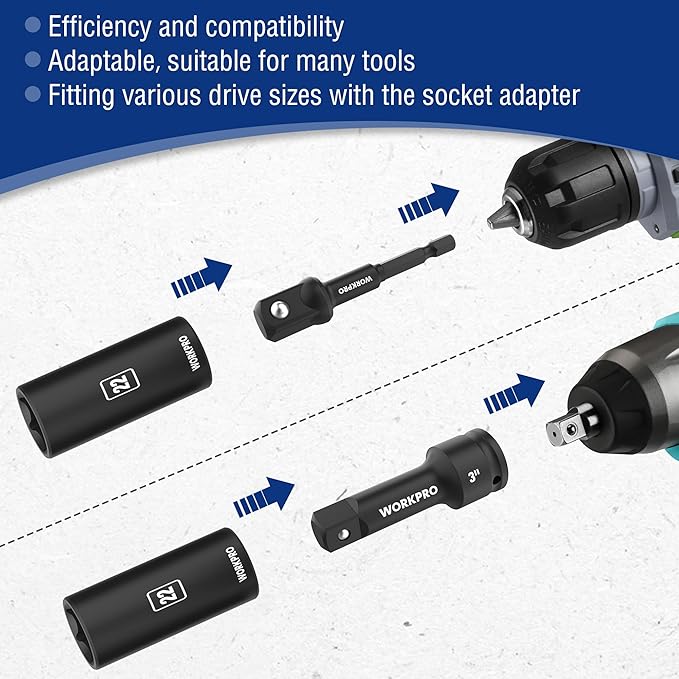 WORKPRO 20-Piece 1/2竊?Drive Deep Impact Socket Set, 6-Point, Cr-V Steel, 10-27mm, Universal Joint, Adapter and Extension Bar, Metric