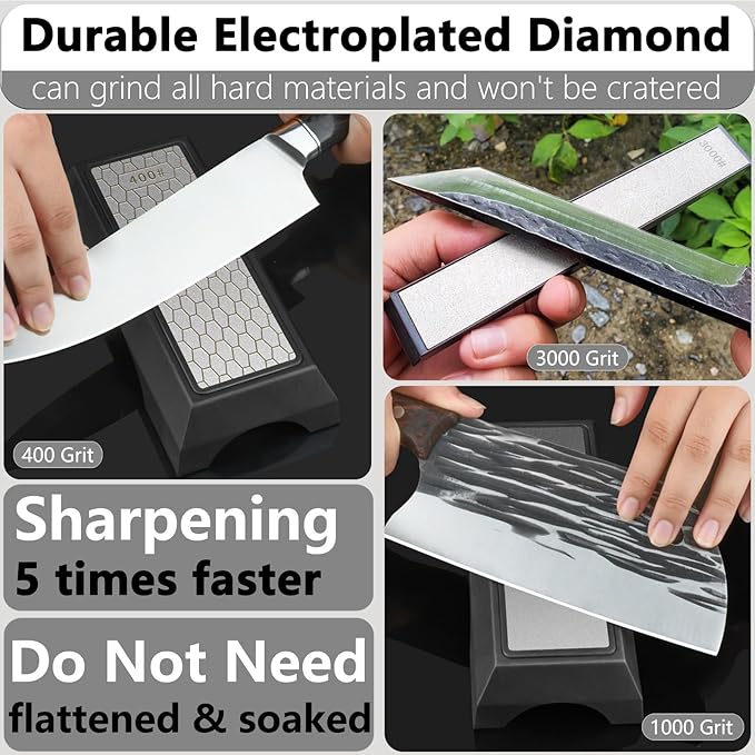 Diamond Sharpening Stone Set, Knife Sharpener Stone, Double-sided Coarse 400 / Fine 1000# | Extra Fine 3000 Grit, 2 Sizes Whetstone Tool with Non-Slip Base, Diamond Plate Honing Stone, Hone Sharpener