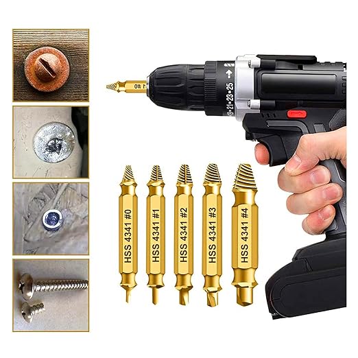 Professional Screw Extractor Set, 5-Piece HSS 4341 Double-Headed Drill Bits, Gold Titanium-Coated Steel, M3-M18 Size Range with Storage Case, for Damaged Screw Removal