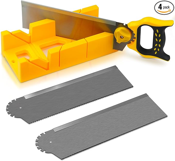 4PCS Miter Box and Saw Set, 4.13 × 12-Inch Extra-Wide Mitre Box with 3 Mitre Saws for Heavy-Duty Tasks, Miter Box with Saw Included for Precise Miter and Bevel Cuts Woodworking DIY Crafting