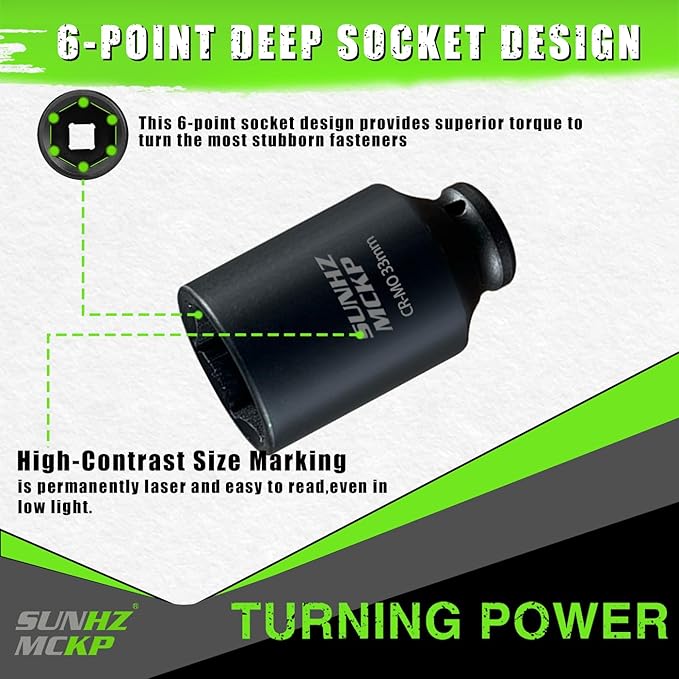 SUNHZMCKP 1/2 Inch Drive Impact Socket, Metric 33 mm Deep 6 Point Socket, CR-MO, Axle Nut Impact Grade Socket for Easy Removal