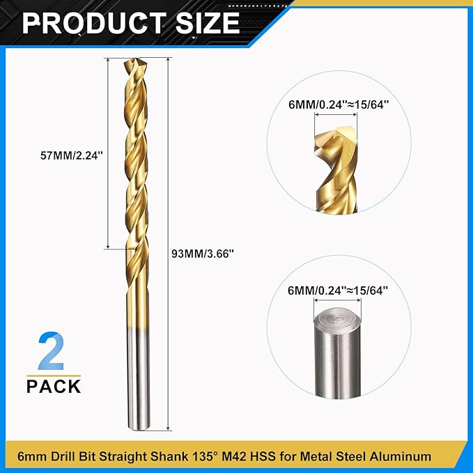 PATIKIL 6mm Drill Bit, M42 8% Cobalt High-Speed Steel Jobber Straight Shank 135° Titanium Nitride (TiN) Coated for Hard Metal Stainless Steel - 2 Pack