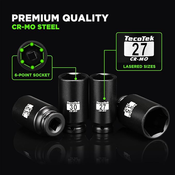 1/2" Drive Deep 6-Point Impact Socket Set, 13-Piece Spindle Axle Nut Impact Socket Set, Cr-Mo, Metric (17mm to 41mm), Enhanced Storage Case