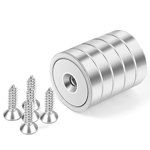 Neosmuk Magnets with Screws,60lbs+ Heavy Duty Rare Earth Neodymium Mounting Magnets with Holes, Countersunk Round Disc Industrial Magnets for Wall Mounting, 5 Pack