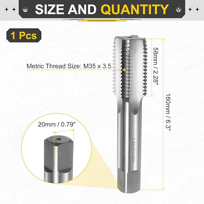 uxcell Hand Plug Tap M35 x 3.5 H2 Metric Thread Plug Style Taps Straight Flute Screw Tapping Threading Tool High Speed Steel HSS6542