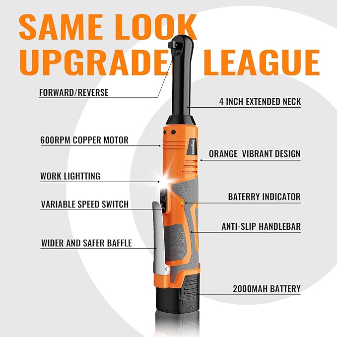 3/8" Extended Electric Ratchet Wrench Set, 45ft-lbs Cordless Long Neck Power Ratchet Wrench Kit with 2pcs Batteries, LED Light, 9 Sockets, Toolbox, Variable Speed, For Housework, Car Repair