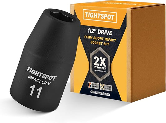 TIGHTSPOT 1/2 Inch Drive 11mm Shallow Impact Socket with Anti-Rounding 6 Point Design, Heat-Treated CRV Steel