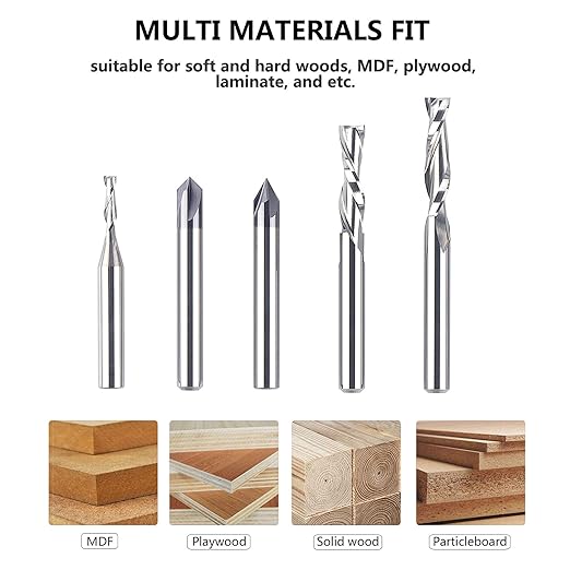 SpeTool 5 Pcs CNC Router Bit Sets Cabide Bit 1/4 Inch Shank Up Down Cut V Groove for Woodwork Beginner Engraving Slot