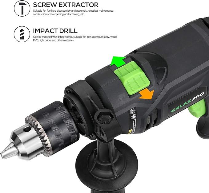 GALAX PRO 5Amp 1/2-inch Hammer Drill with 105pcs Accessories, Variable Speed 0-3000, Hammer and Drill 2 Functions in 1, 360째Rotating Handle, Depth Gauge, Carrying Case Included