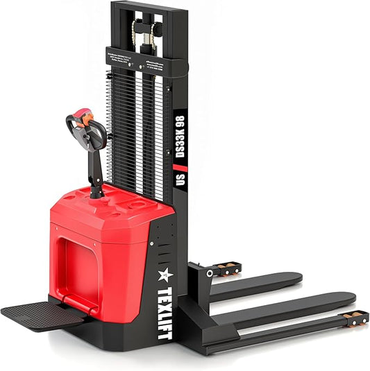 Full Electric Forklift Walkie Pallet Stacker with Stand - Fixed Straddle Legs and Adjustable Forks 5.50 Inch to 27 Inch ??Material Lifter 3300lbs Capacity 8Ft/98 Inch Lifting Heights (US-DS33K-98)
