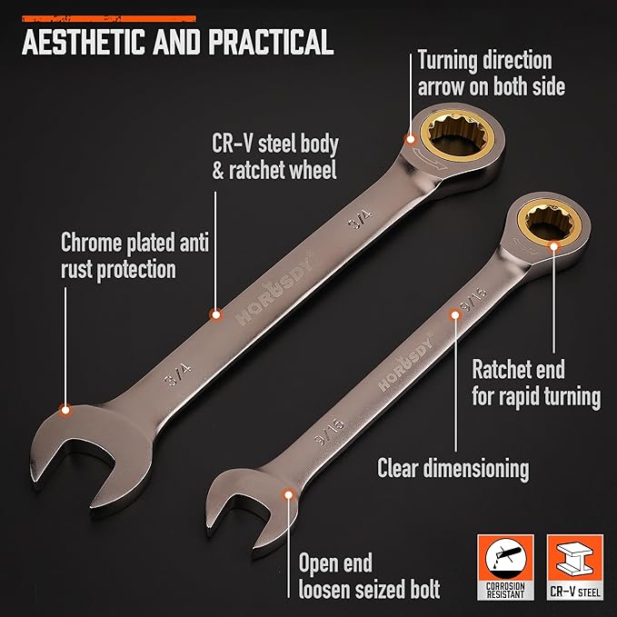 HORUSDY 12-Piece SAE Ratcheting Wrench Set | 1/4??to 7/8??| Ratchet Combination Wrenches Set with Organizer | 72-Teeth | Chrome Vanadium Steel