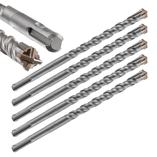 Concrete Drill Bit 5pcs 1/2" X 8"-6" Cross-Type Double Thread Carbide Material Suitable for Concrete, Brick, Cement Walls, Stone, Hammer Drill Bits for Concrete