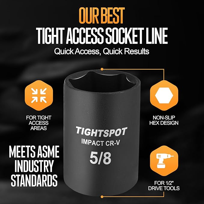 TIGHTSPOT 1/2 Inch Drive 5/8 Inch Shallow Impact Socket with Anti-Rounding 6 Point Design, Heat-Treated CRV Steel