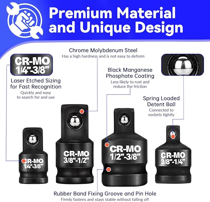 1/4" 3/8" 1/2" Impact Socket Adapter Reducer Set, 4 Pcs Chrome Molybdenum Steel Drive Conversion Adapters, for Sockets and Impact Wrench