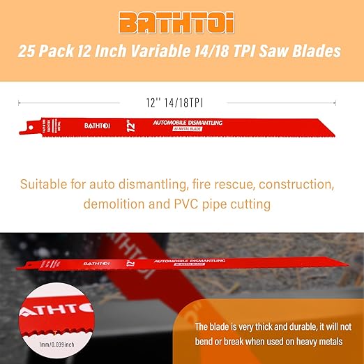 25 Pack 12 Inch 14/18 Tpi Reciprocating Saw Blades for Metal Cutting, Carbide Alloy Steel Sawzall Blades for Automobile Dismantling with 8% Cobalt for Longer Life and Faster Cutting Speed