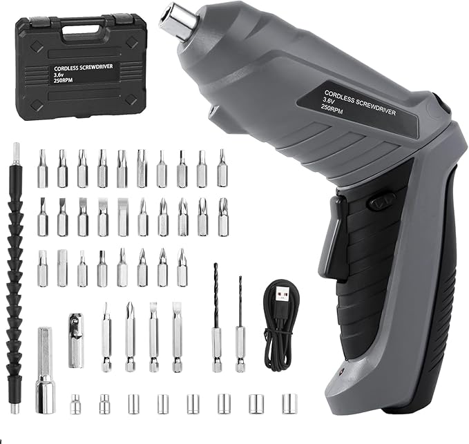 Cordless Electric Screwdriver 3.6V Automatic Rechargeable Power Screwdriver 3.5N.M of Torque 1/4??Chuck 43pcs Screw Drill Set LED Light for Furniture Assembly, Repairing in Home, Office and Workplace.