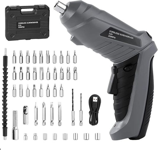 Cordless Electric Screwdriver 3.6V Automatic Rechargeable Power Screwdriver 3.5N.M of Torque 1/4??Chuck 43pcs Screw Drill Set LED Light for Furniture Assembly, Repairing in Home, Office and Workplace.
