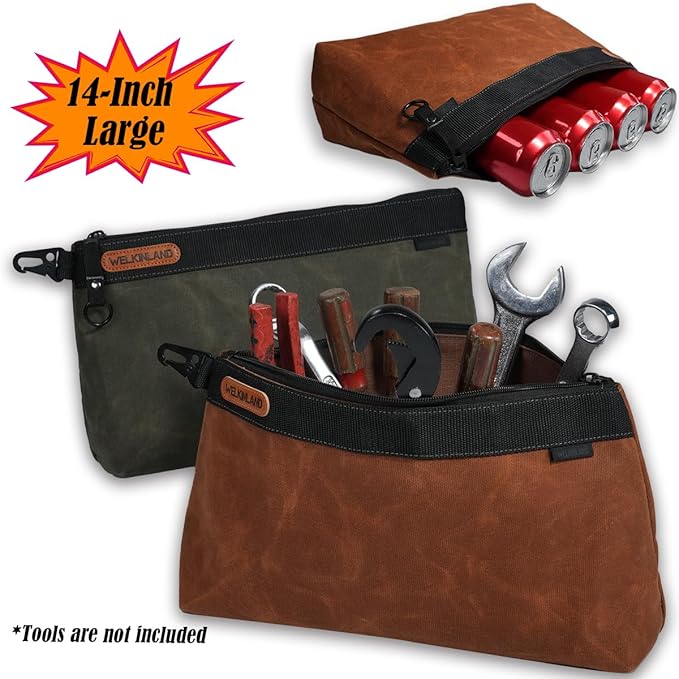WELKINLAND 2-Pack Heavy-Duty Waxed Canvas Tool Pouches, 14-Inch Zippered Tool Organizer Pouches with Water-Resistant Coating and Durable Canvas Construction