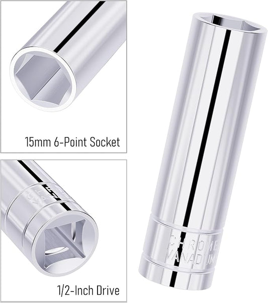 15mm Deep Socket, 1/2 Inch Drive, 6-Point, Metric, Heat Treated CR-V Steel Sockets, Full Polishing, 3.1 Inch Length