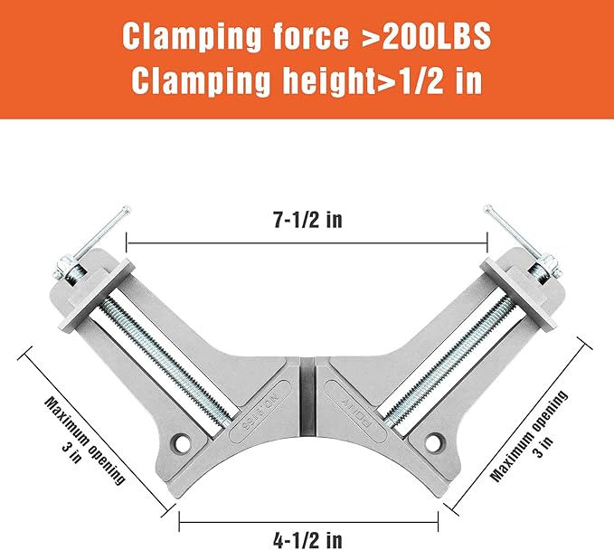 PONY 2-Piece 90 Degree Corner Clamp Set, Featured with 3?쇺?Maximum Opening, 200 lbs Clamping Force & 1/2?쇺?Clamping Height, Aluminum Alloy Body, Adjustable Right Angle Clamps for Multiple Projects
