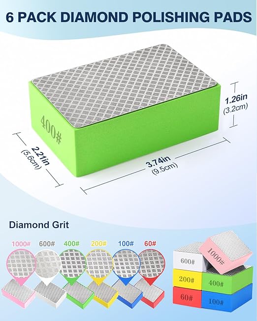 6 Pack Diamond Hand Polishing Pads, Sanding Blocks Polishing, Sanding Pads Assortment, Sandpaper with High-Density Sponge, for Wood Tile Glass Stone Grinding (60#,100#,200#,400#,600#,1000#)
