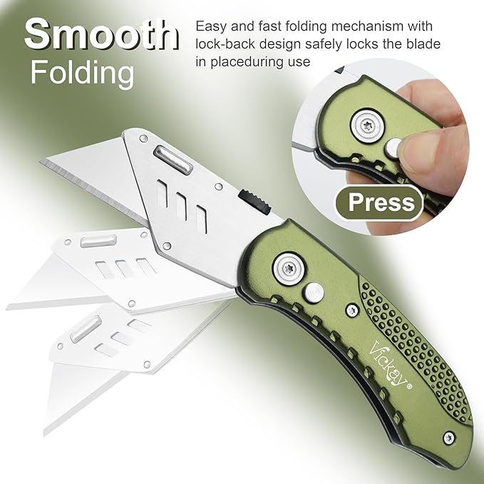 Vickay Folding Utility Knife, Box Cutter with 5 SK5 Quick Change Blades, Safety Axis Lock Design Razor Knife, Lightweight Aluminum Handle Belt Clip for Office Home Artcraft (Olive Green)