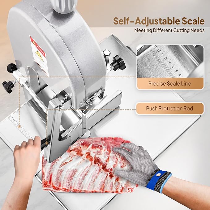 ROVSUN 1500W Electric Bone Saw Machine, 0.16-7.9Inch Cutting Thickness Frozen Meat Cutter with 6 Saw Blades, Commercial Bandsaw Machine Stainless Steel 19.4 x 15.2 In Table for Chicken Fish Beef