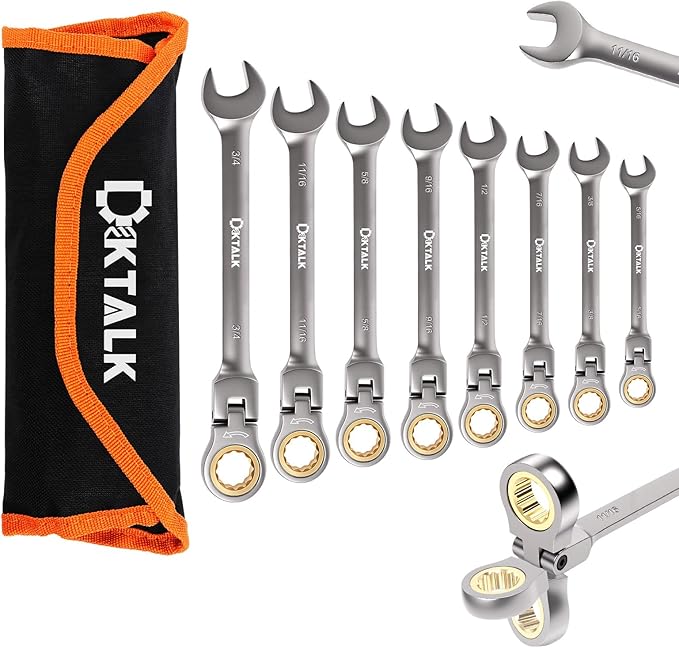 DikTalk 8PCS Flex Head Ratcheting Wrench Set, SAE 1/4"-3/4", 72-Tooth CR-V Steel with Rolling Pouch for Automotive Repair & Mechanics