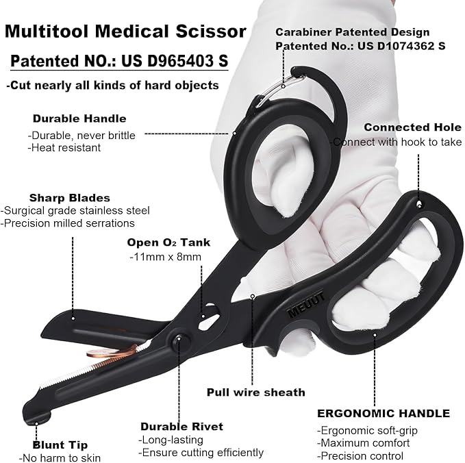 MEUUT 2 Pack Medical Scissors Trauma Shears with Carabiner design, 7.5" Fluoride Coated Non-stick Blades Bandage Scissor for Nurses, EMT, Household, outdoors