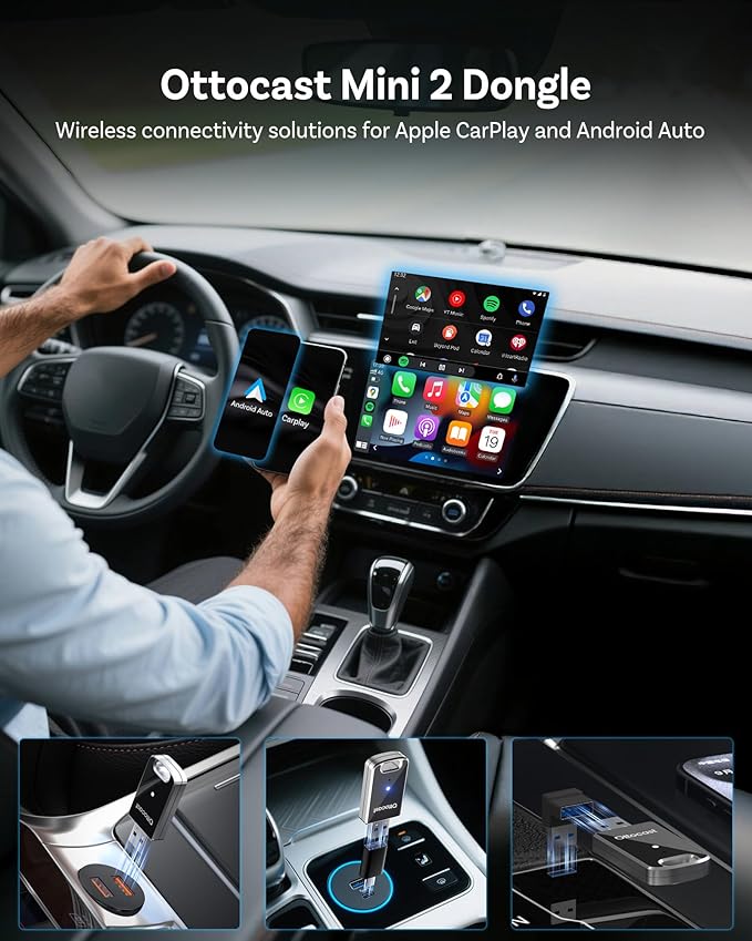 OTTOCAST Mini Edge 2025 Wireless Carplay Adapter & Android Auto Wireless Adapter for Apple iPhone Samsung Android Phone 2-in-1, USB Car Accessories, 5?츶Hz Wi?멑i Bluetooth??.0 Voice Control Plug & Play