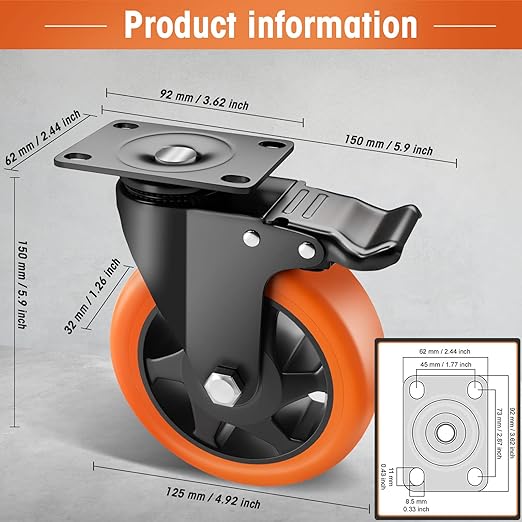 5" Caster Wheels - Orange Polyurethane Swivel Wheels With Top Plate - Set of 4 Heavy Duty Locking Casters for Furniture and Workbench - With Brake