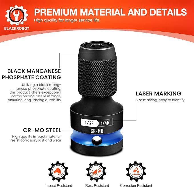BLACKROBOT 2PCS Quick Release Impact Bit Holders 1/2-Inch Square Drive to 1/4-Inch Hex Socket Adapter, CR-MO Steel, Blue