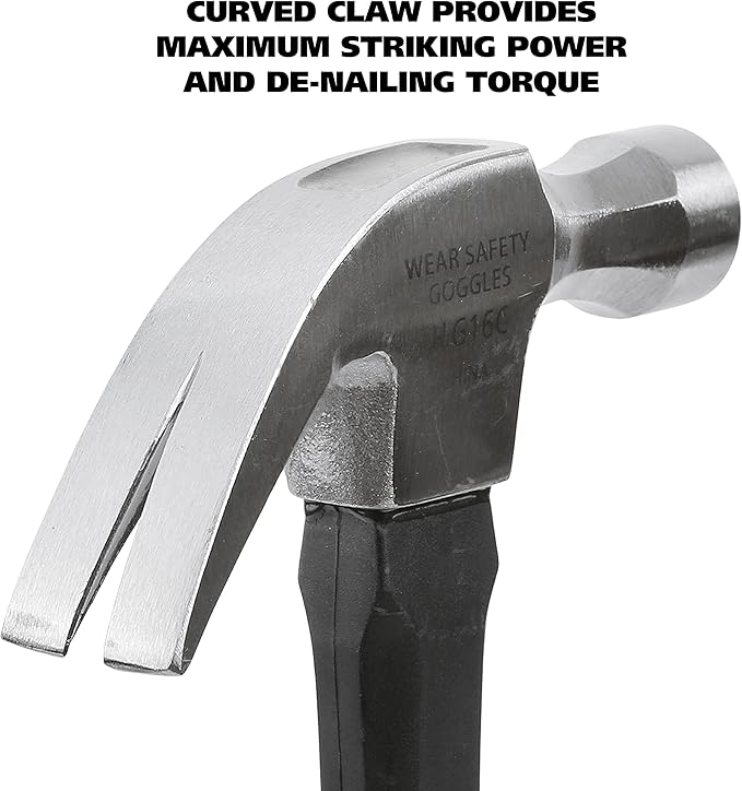 GreatNeck HG16C 16 Oz. Fiberglass Curved Claw Hammer, Household & Industrial Construction Hammer, Drive & Pry Nails, Frame a Home Addition, Fix a Leaky Roof, & More, Rugged Fiberglass Handle