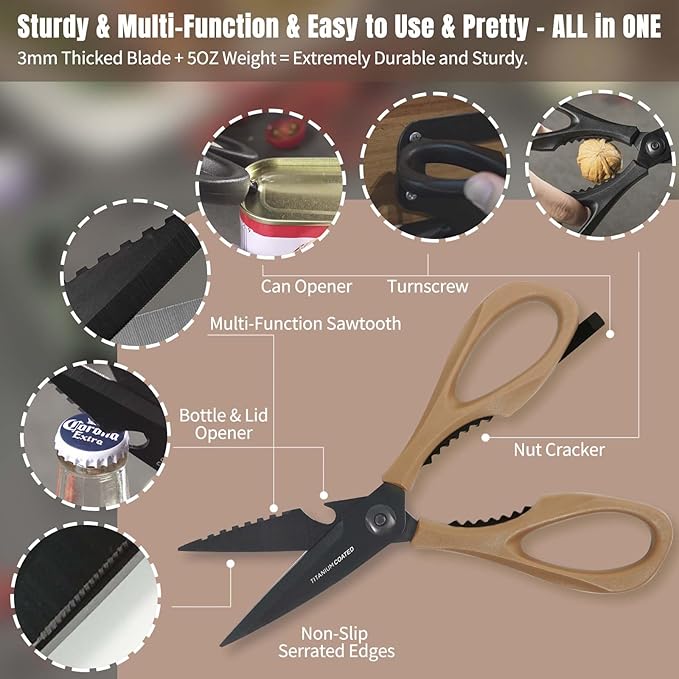 Kitchen Scissors All Purpose, Extra Sharp Kitchen Shears with Knife Sharpener & Sheath, Solid & Durable Stainless Steel Scissors with ANTI-RUST Black Titanium Plated, Dishwasher Safe - Brown