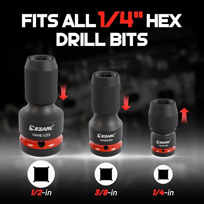 EZARC 4 Pcs Impact to 1/4 Hex Converter, 1/2 3/8 1/4-Inch Square Drive Sockets to 1/4-Inch Hex Adapter, Impact Wrench Adapters for Ratchet Wrench Drivers, Impact Bit Holders, Quick-Change Chuck